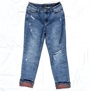 Judy Blue Boyfriend Fit Jeans Womens 7/28 7 28 Paisley Print Roll Up Distressed